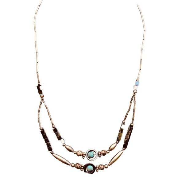 Handmade Jewelry - Handmade Liquid Silver, Hematite, and Faux Turquoise Bead Necklace Vintage